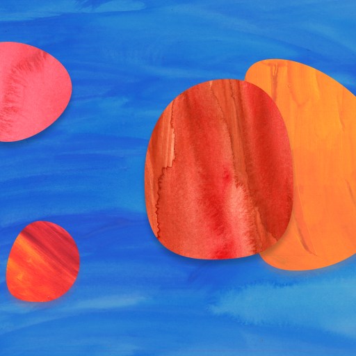 A painting of orange and red circles on a blue background, displaying randomness in its arrangement.