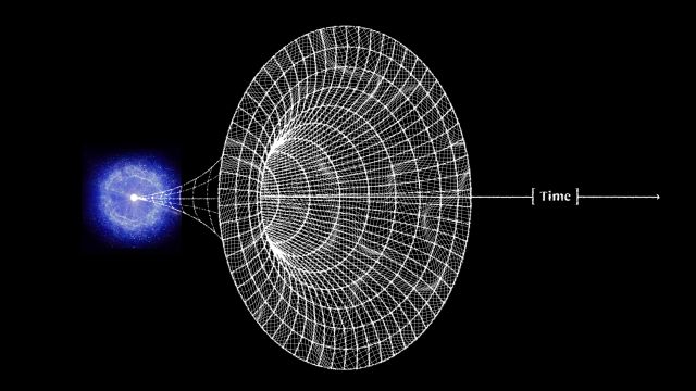 Diagram of the expanding universe concept with cosmic inflation, light cone, and time axis.