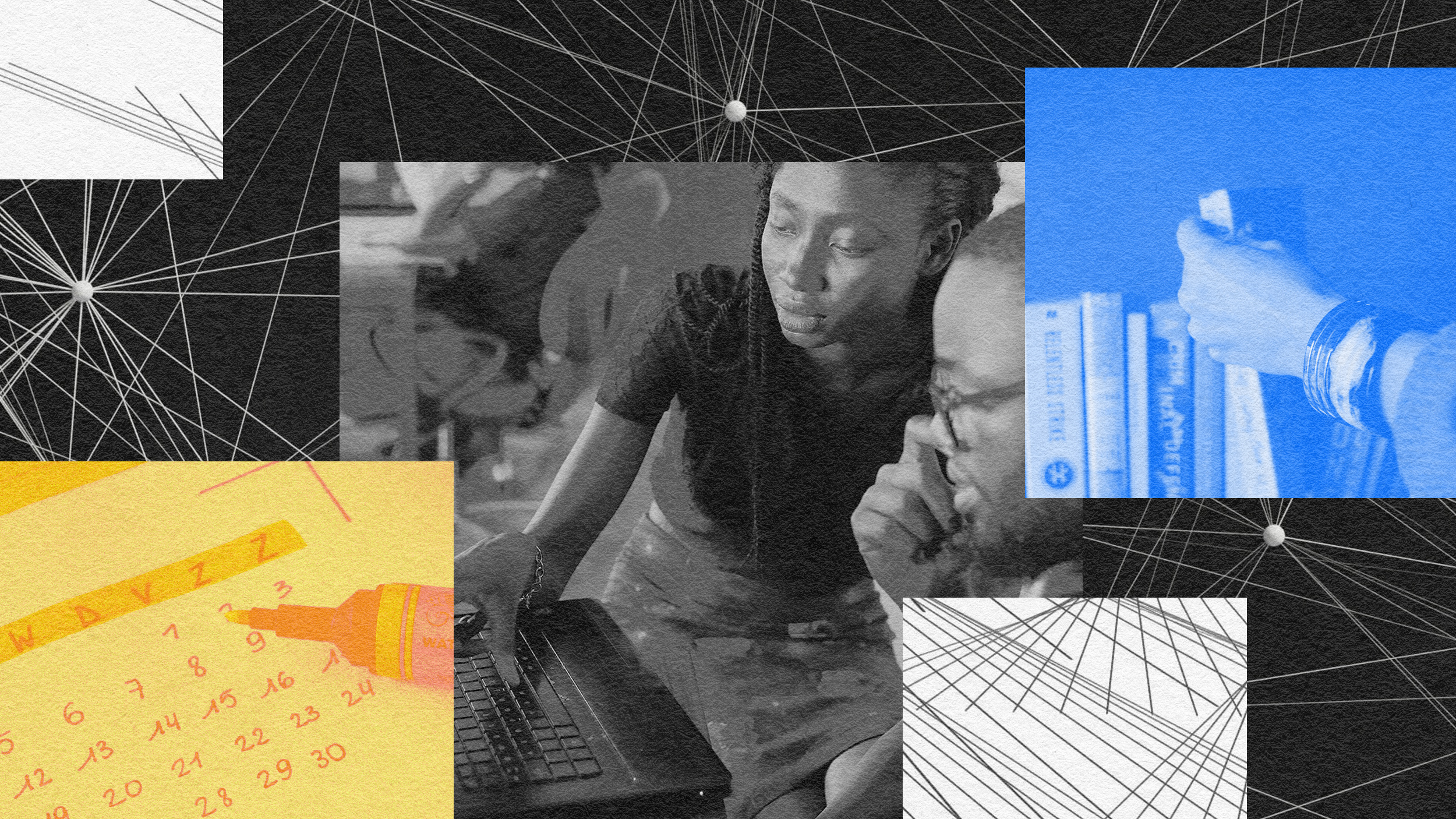 A collage of people learning and working on a computer.