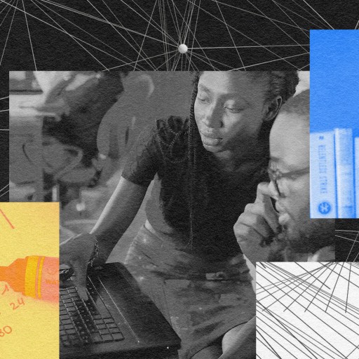 A collage of people learning and working on a computer.