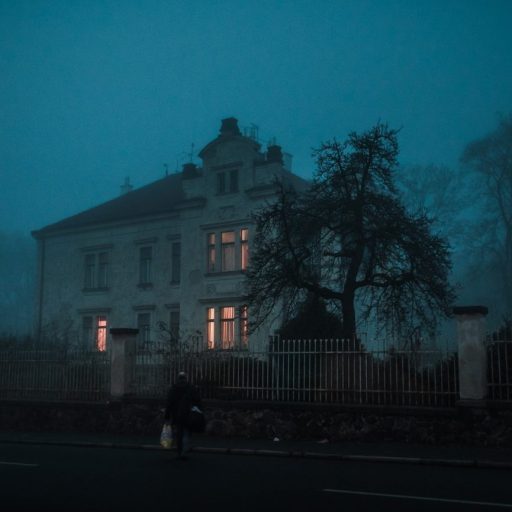 A person walks past a house in the fog.