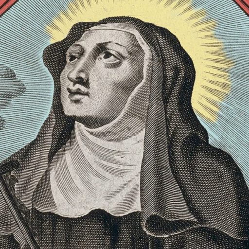 An old illustration of a nun holding a cross.