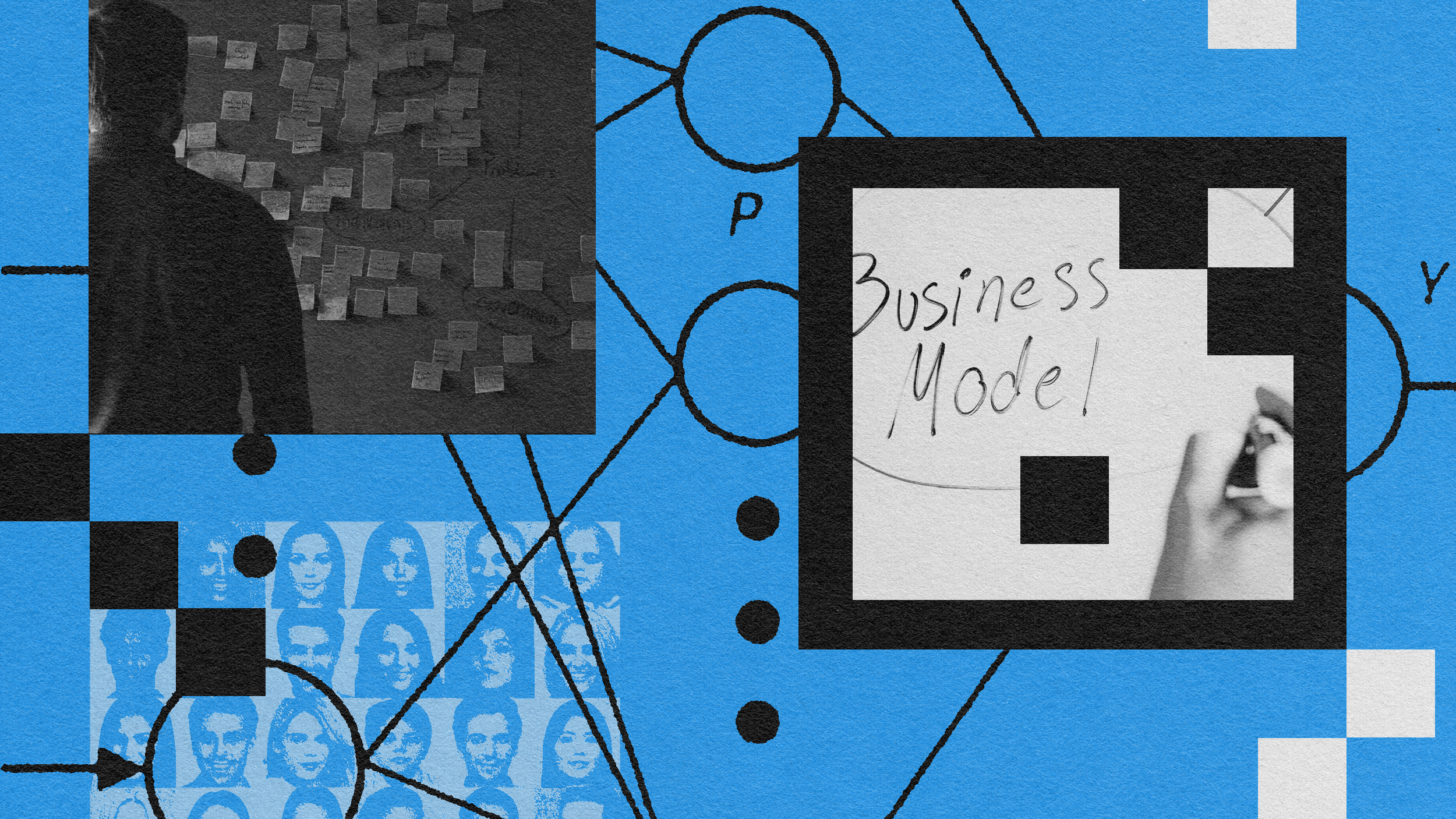 A blue background portraying a man and a startup business model.