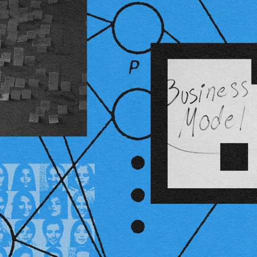 A blue background portraying a man and a startup business model.