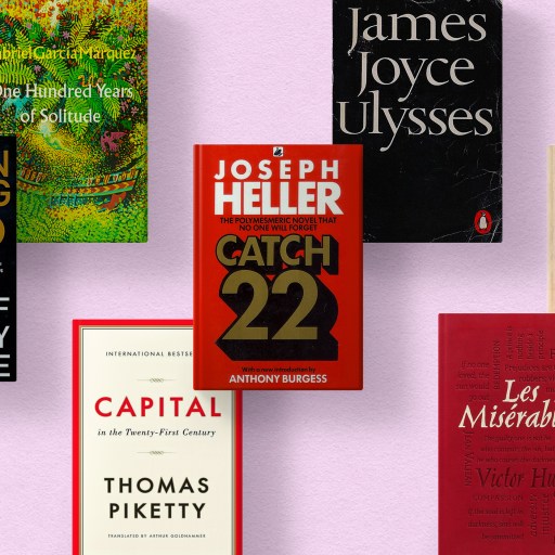 A collection of hard-to-finish books on a pink background.