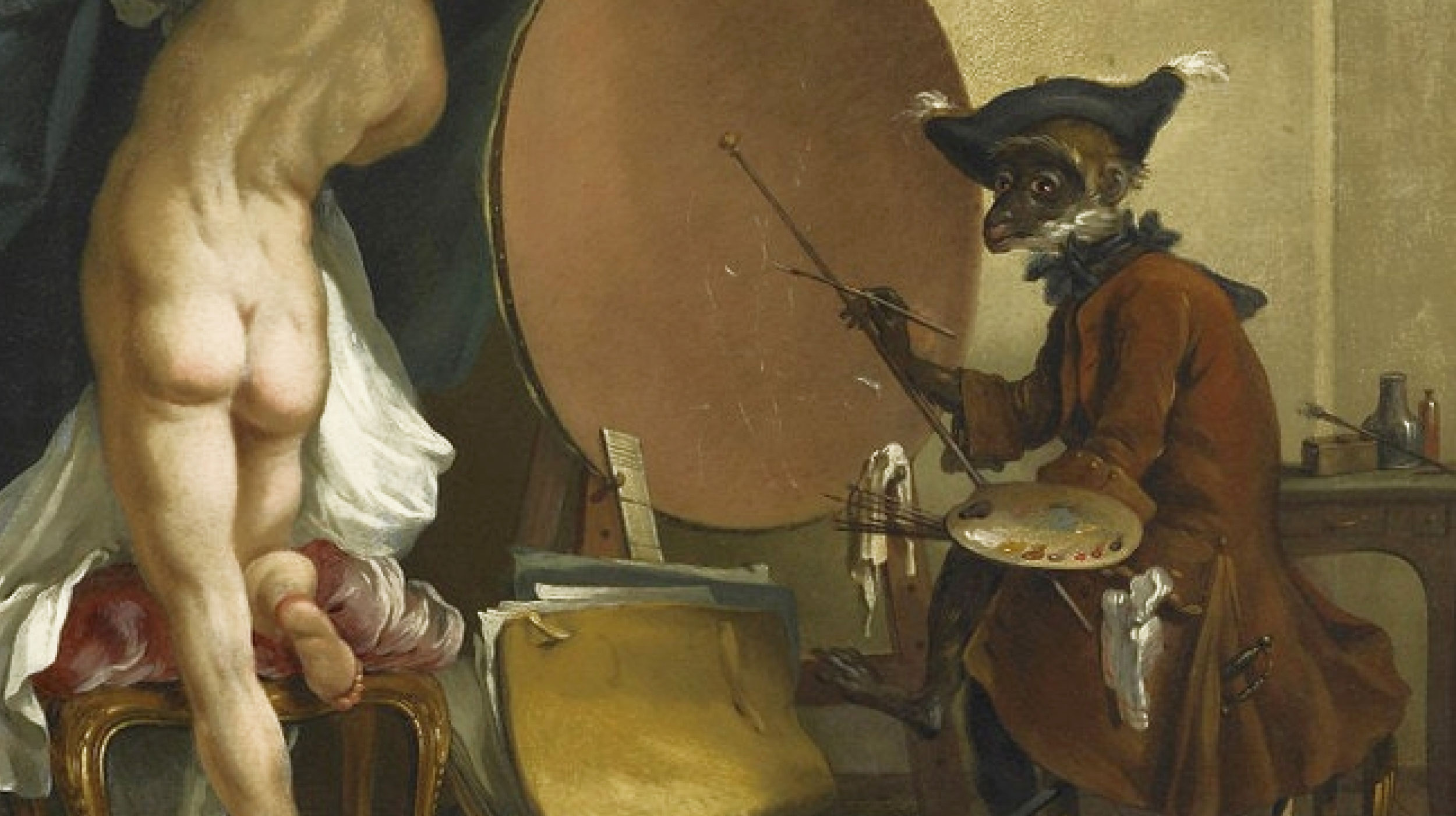 A monkey dressed in human clothes paints a nude human figure in a studio setting, holding a palette and brush.