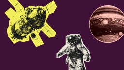 Illustration of a spacecraft, an astronaut, and a planet against a dark purple background.