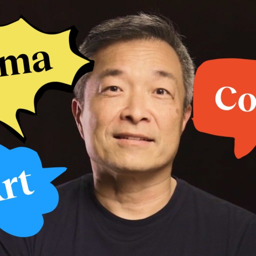 A man in a black shirt with speech bubbles that say trauma comics art.