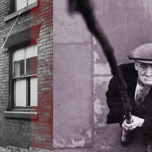 A collage featuring two images of Mr William Crompton, the oldest knocker-upper in Bolton in 1939.