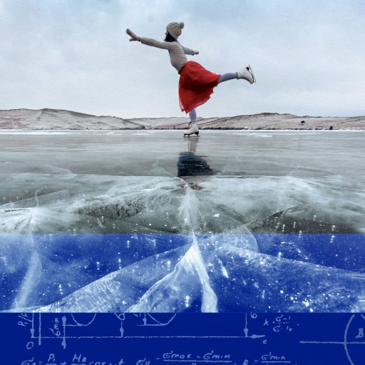 A woman in a red dress is gracefully ice skating on a frozen lake.