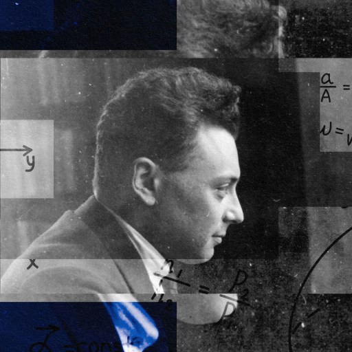 A photo of a man in front of a blue background, possibly resembling Wolfgang Pauli.