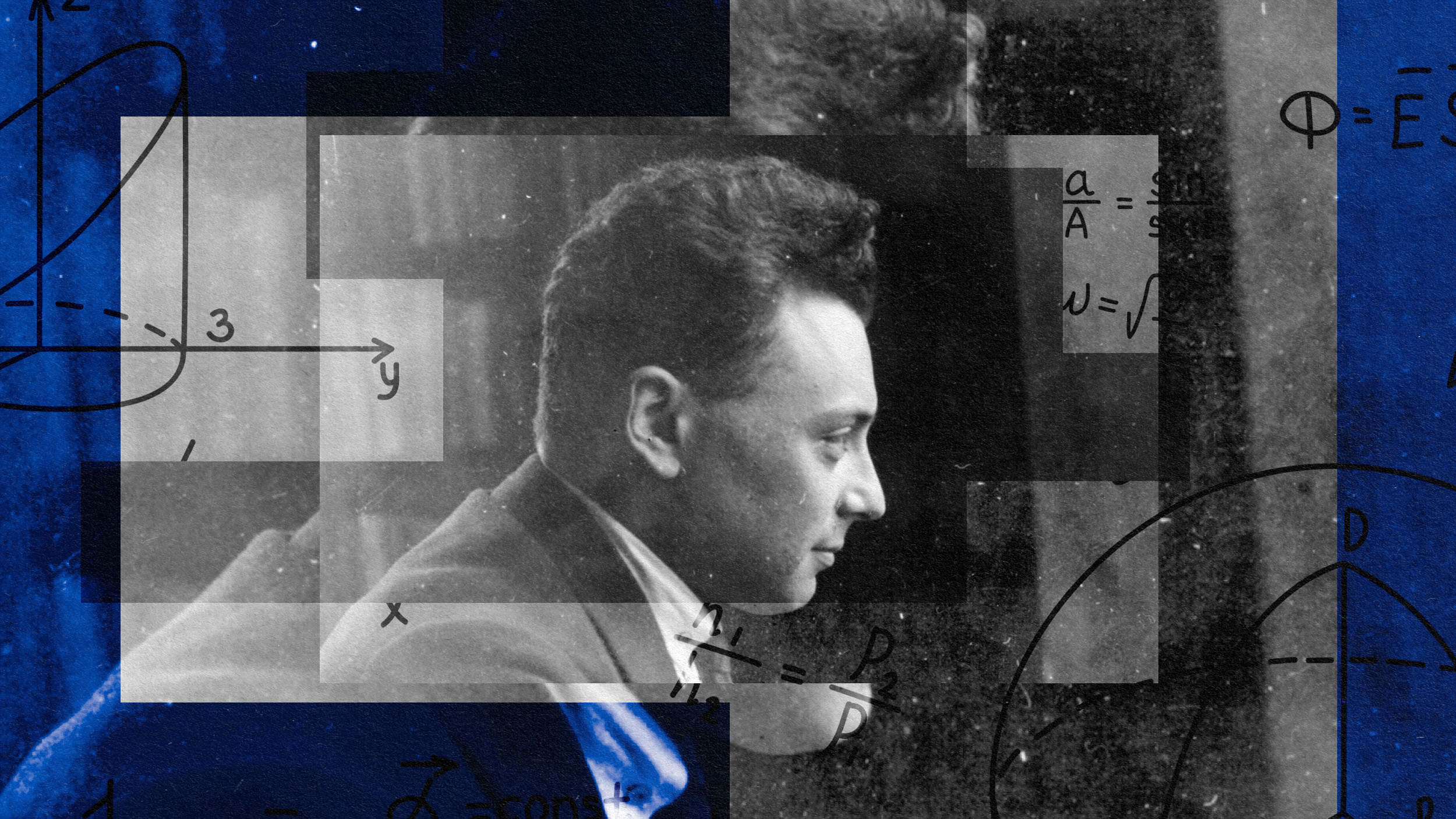 A photo of a man in front of a blue background, possibly resembling Wolfgang Pauli.