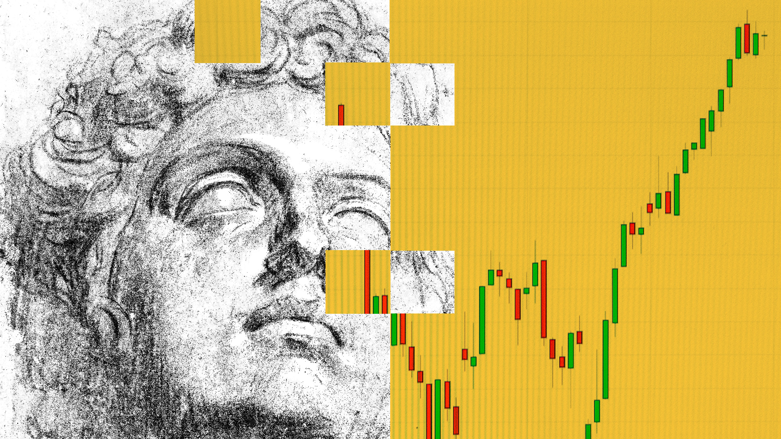 A drawing of a man with chart in the background.