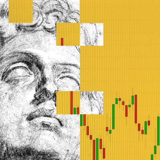 A drawing of a man with chart in the background.