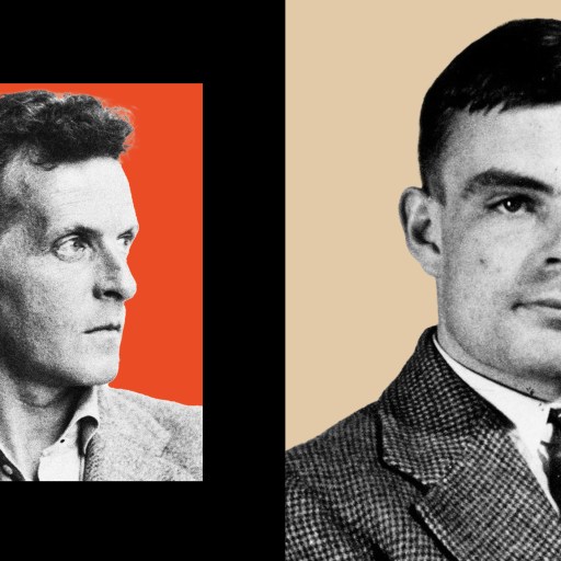 A headshot of Ludwig Wittgenstein on a bright orange background paired with a headshot of Alan Turing on a tan background.