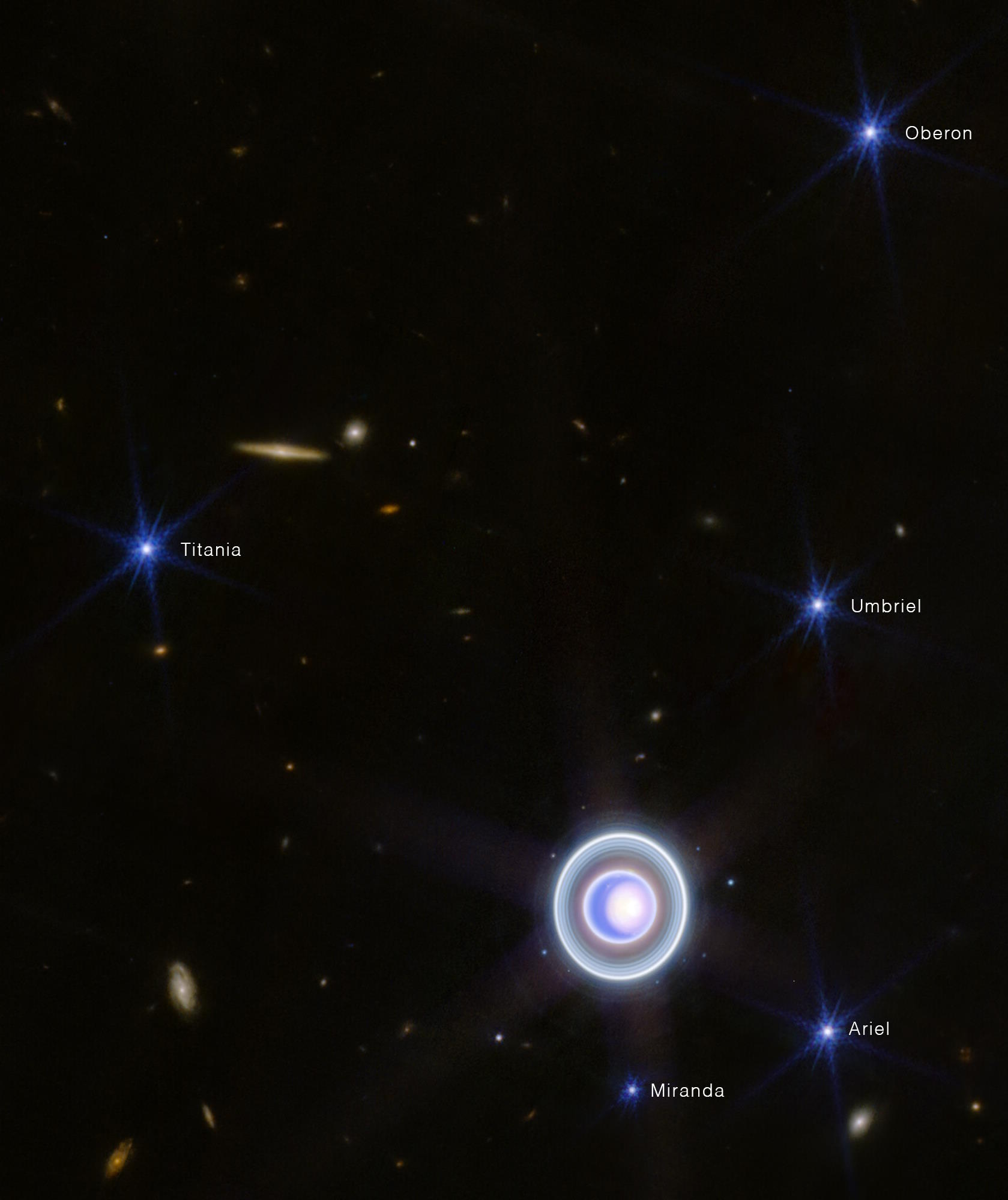 A cluster of galaxies with a blue star in the middle, captured by the James Webb Space Telescope (JWST).