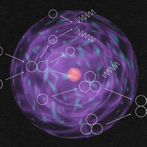 A diagram of a galaxy with a blue circle representing the first atoms in the middle.