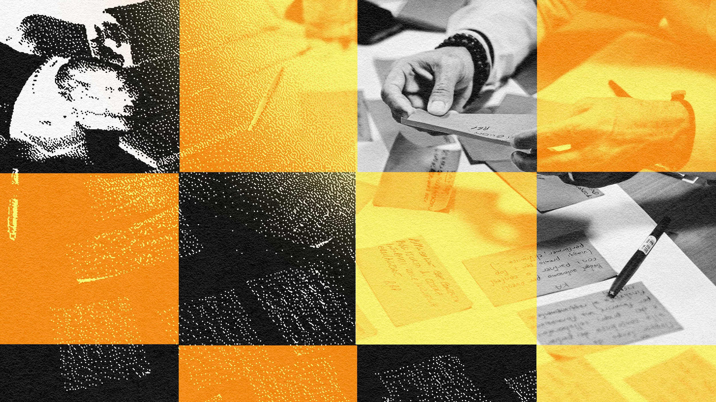 A creative collage of individuals jotting down ideas on a piece of paper to boost innovation.