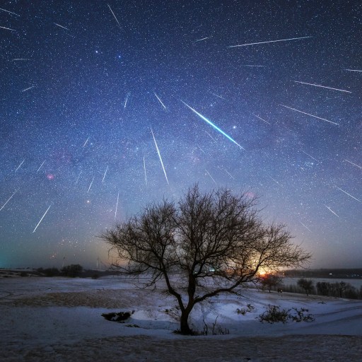 A mesmerizing starry sky with shooting stars and a majestic tree.