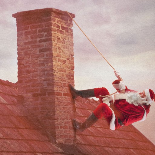 Santa Claus hanging from a hazardous chimney.