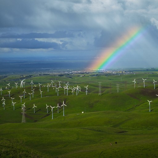 A rainbow over wind turbines.