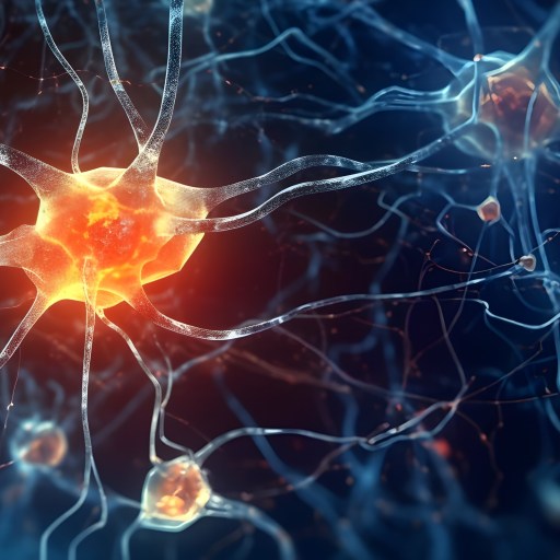 A close up of a neuron in a dark background.