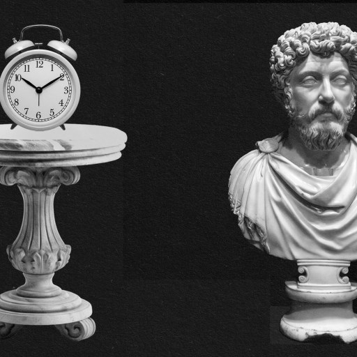 A bust of Marcus Aurelius placed next to a clock.
