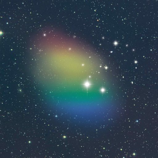 An image of a colorful object resembling a dark primordial galaxy in the sky.