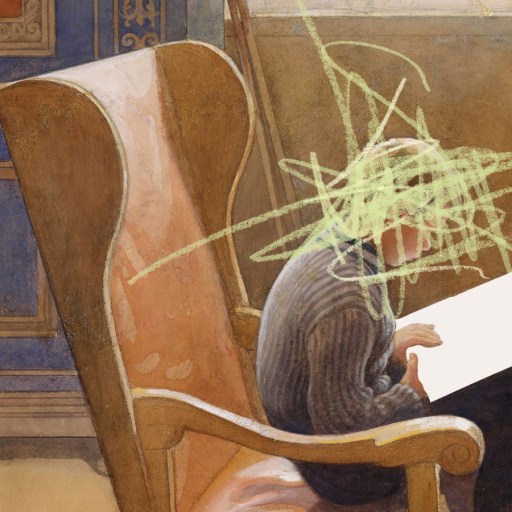 A person sits in an armchair at a table engaged in digital reading. The person's face is scribbled over with green lines.