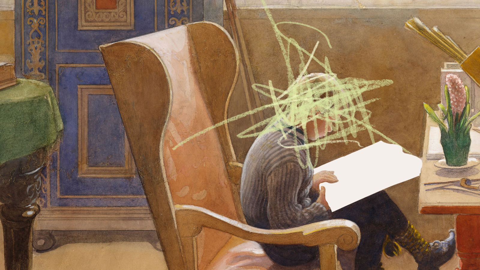 A person sits in an armchair at a table engaged in digital reading. The person's face is scribbled over with green lines.