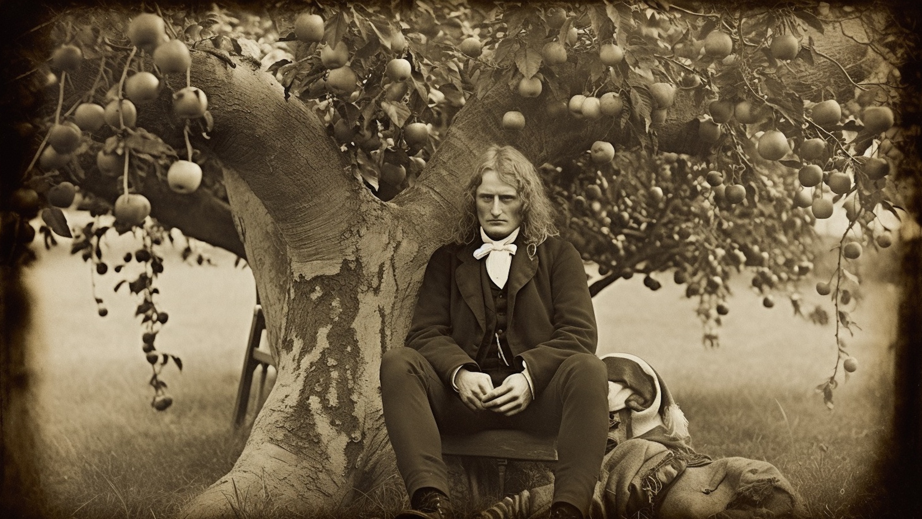 An old photograph of a man sitting under an apple tree.