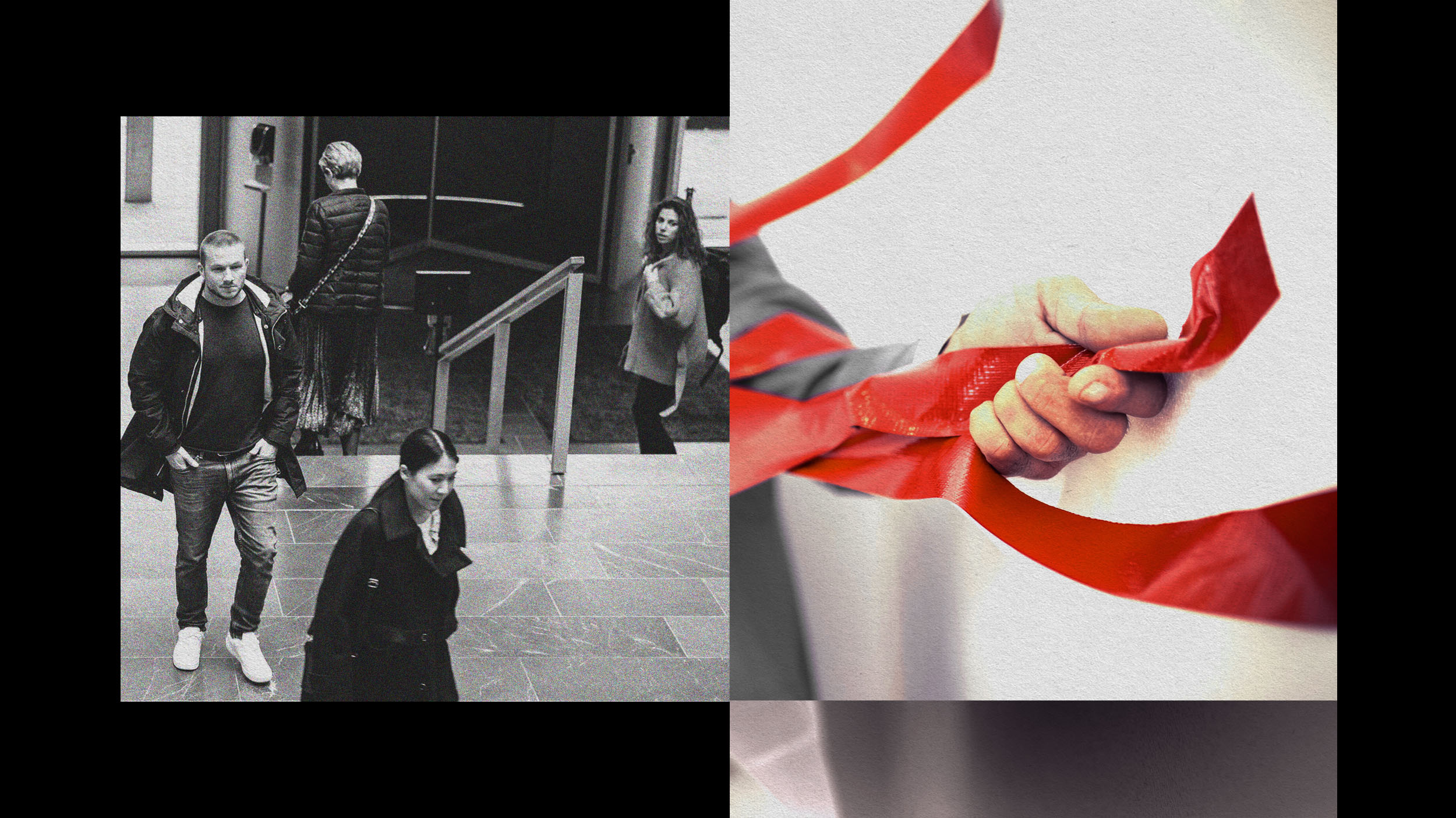 A man is holding a red ribbon, symbolizing the confusion of bureaucracy.