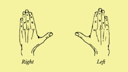 Line drawing of two hands, palms facing forward, labeled "Right" under the left hand and "Left" under the right hand on a yellow background.