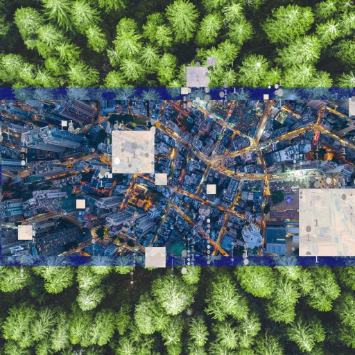 A forest overlaid with an image of a city