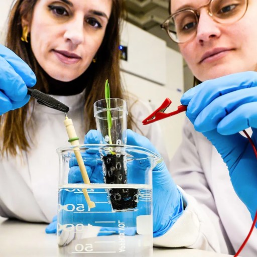 Two women in lab coats working with a beaker.