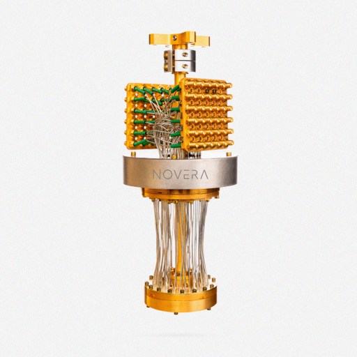 A gold cylinder with a yellow handle crafted for quantum computing.