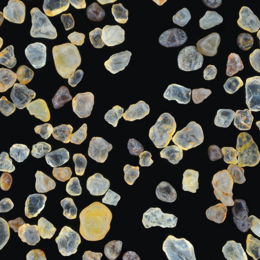 Sunlit pebbles on a black background.