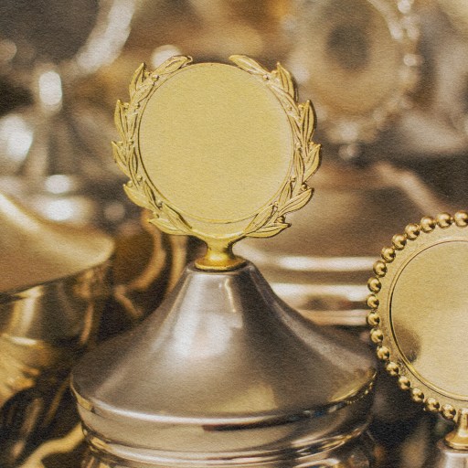 A group of gold trophies showcasing too much talent on a table.