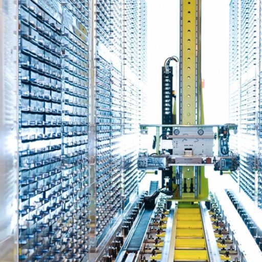 A machine is moving down a conveyor belt in a warehouse.