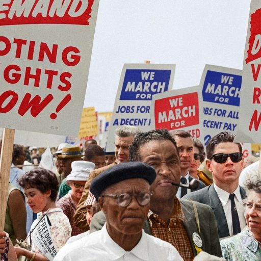 A group of people holding signs that say we demand voting rights now.
