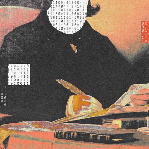 An AI-generated illustration of a man sitting at a desk, accompanied by thought-provoking poetry.