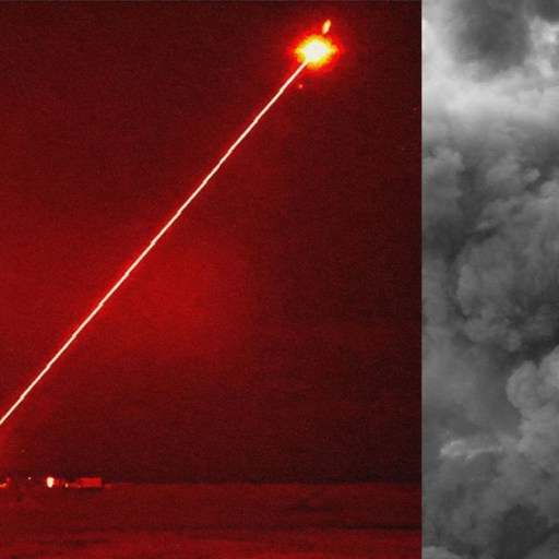 Two pictures of a drone flying in the sky with a laser.