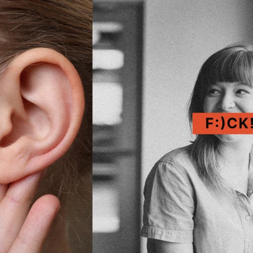 Collage of images featuring a classical sculpture, a close-up of a human ear, and a woman in a cafe expressing surprise with children nearby.