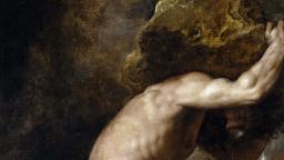 A muscular, shirtless figure is shown pushing a large boulder upward against a dark, textured background.