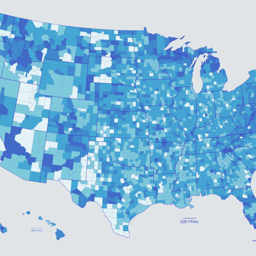 A choropleth map of the united states displaying median age by county with a color gradient from light to dark blue indicating increasing age ranges following a natural bell curve distribution.