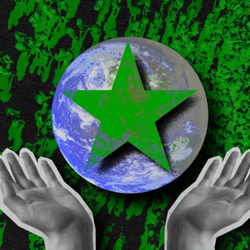 Two people holding a green star.