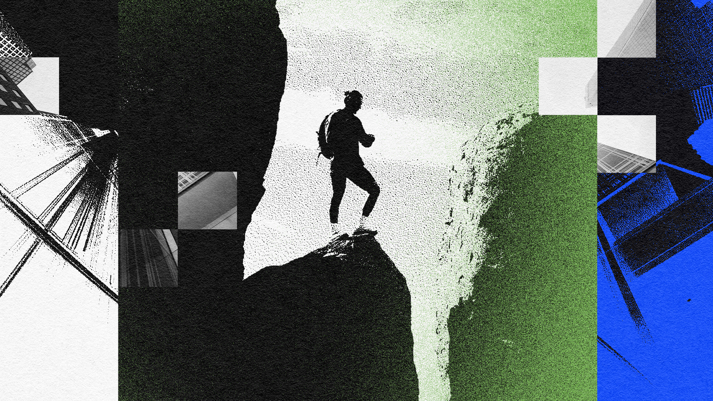 A man is fearlessly standing on top of a cliff.