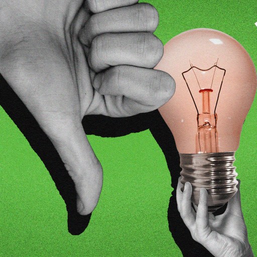 A hand holding a light bulb with a thumbs down, symbolizing a rejection of new ideas.
