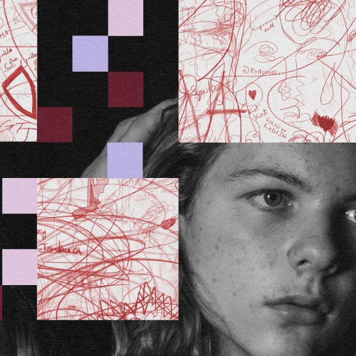 Collage of a young person's face with abstract red scribbles and geometric shapes symbolizing ADHD.