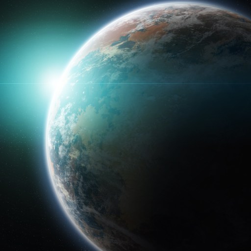 A realistic illustration of earth in space, bathed in sunlight with a visible blue glow from the GaiaSignatures atmosphere.